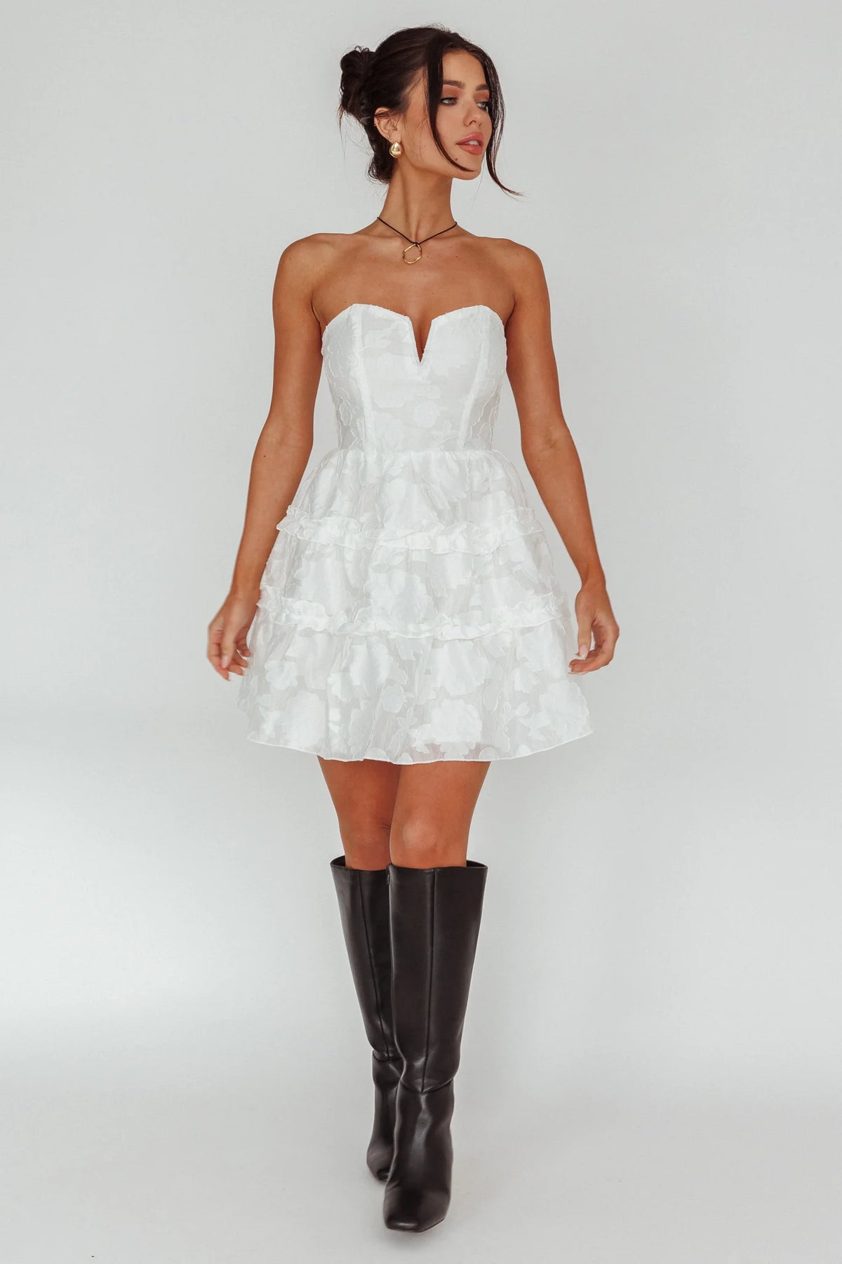 Demi Frill Trim Strapless Dress White