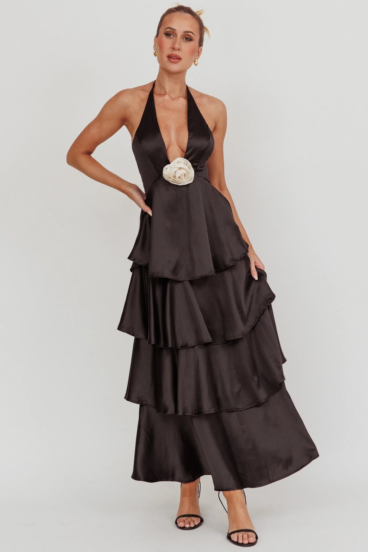 Catalina Tiered Ruffle Rosette Maxi Dress Black
