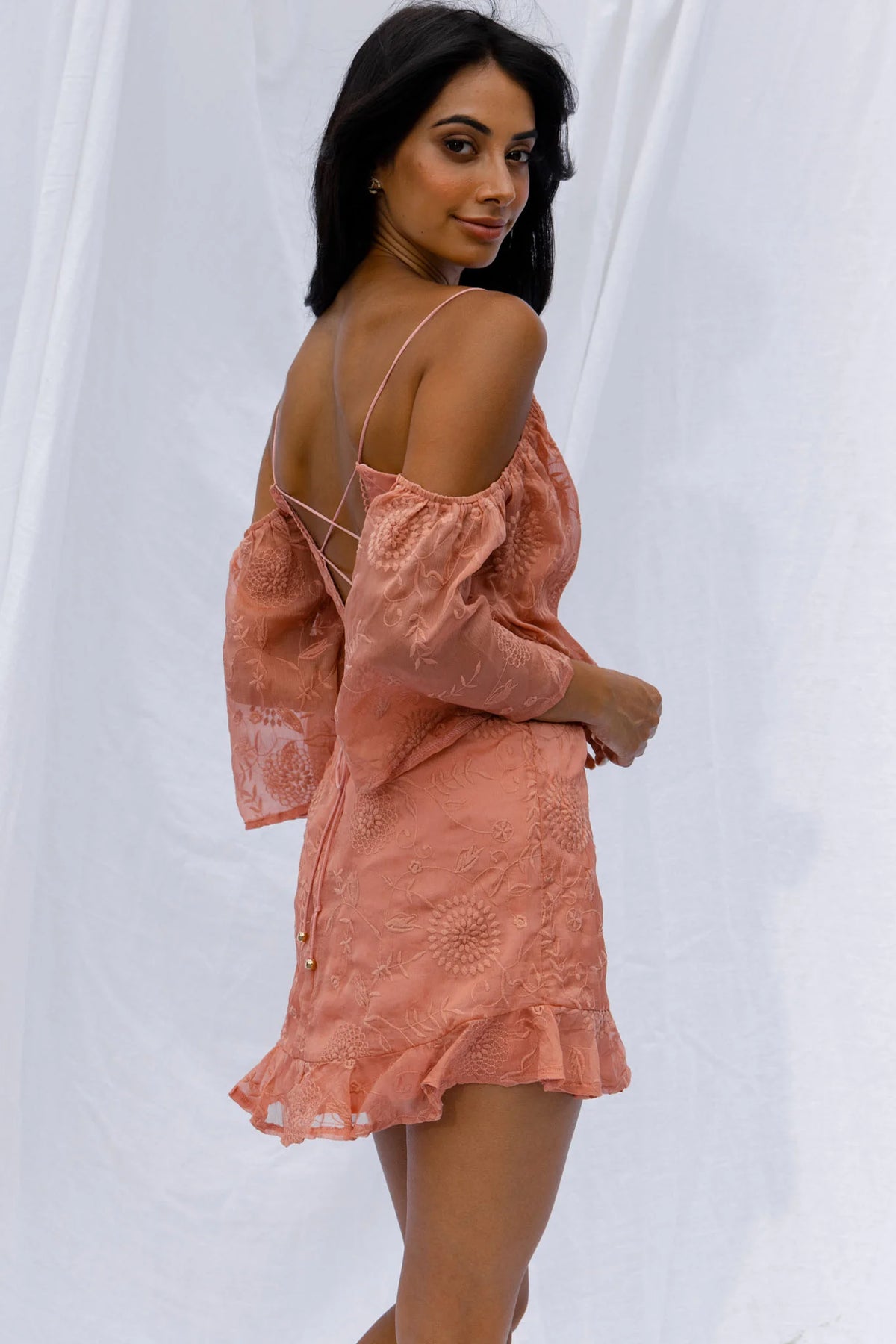 Koda Bell Sleeve Lace-Up Back Mini Dress Peach