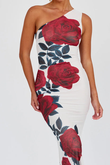 Desiree One Shoulder Mesh Maxi Dres Rose