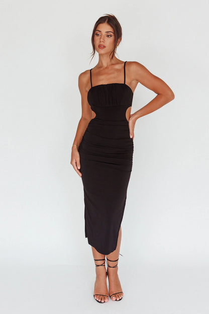 Mary Jane Gathered Bust Tie Back Midi Dress Black
