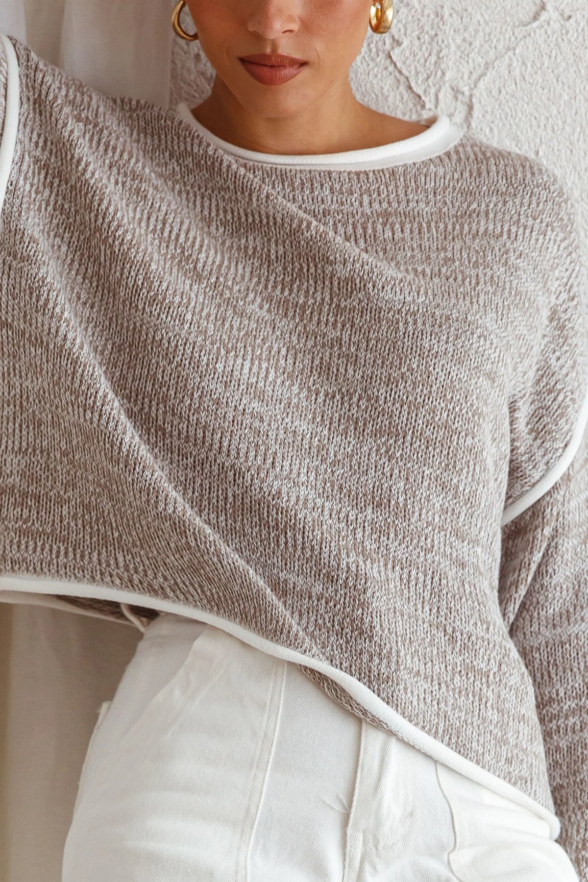 Sitting Pretty Drop Sleeve White Trim Knit Sweater Grey