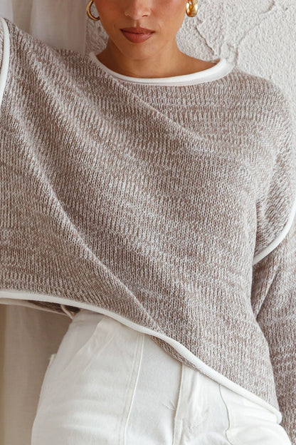 Sitting Pretty Drop Sleeve White Trim Knit Sweater Grey