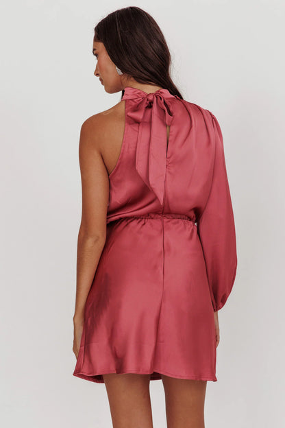 Can't Compete One Sleeve Satin Mini Dress Dusty Pink