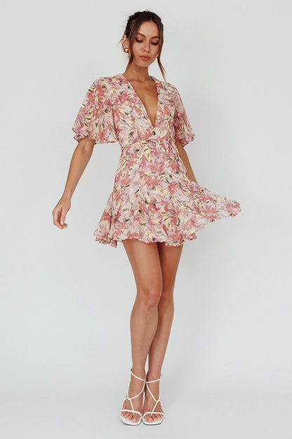 Estelle Angel Sleeve Dress Lily Print Yellow