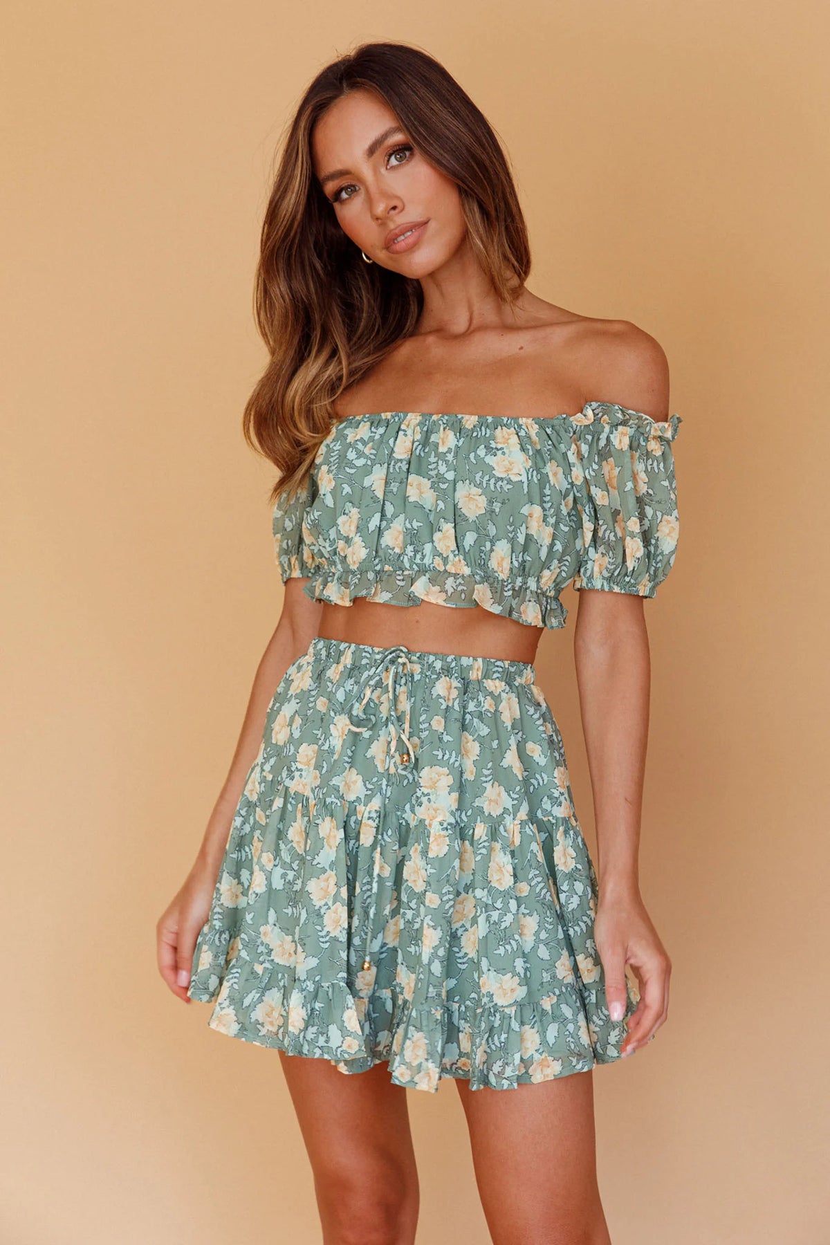 Archana Puff Sleeve Crop Top Floral Green