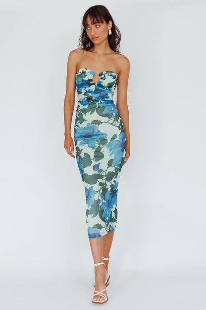 Lahita Strapless Midi Dress Floral Blue
