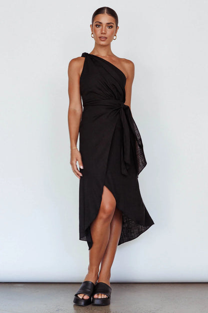 Island Time One-Shoulder Midi Dress Black
