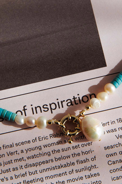 Monaco Pearl Turquoise Bead Necklace Gold