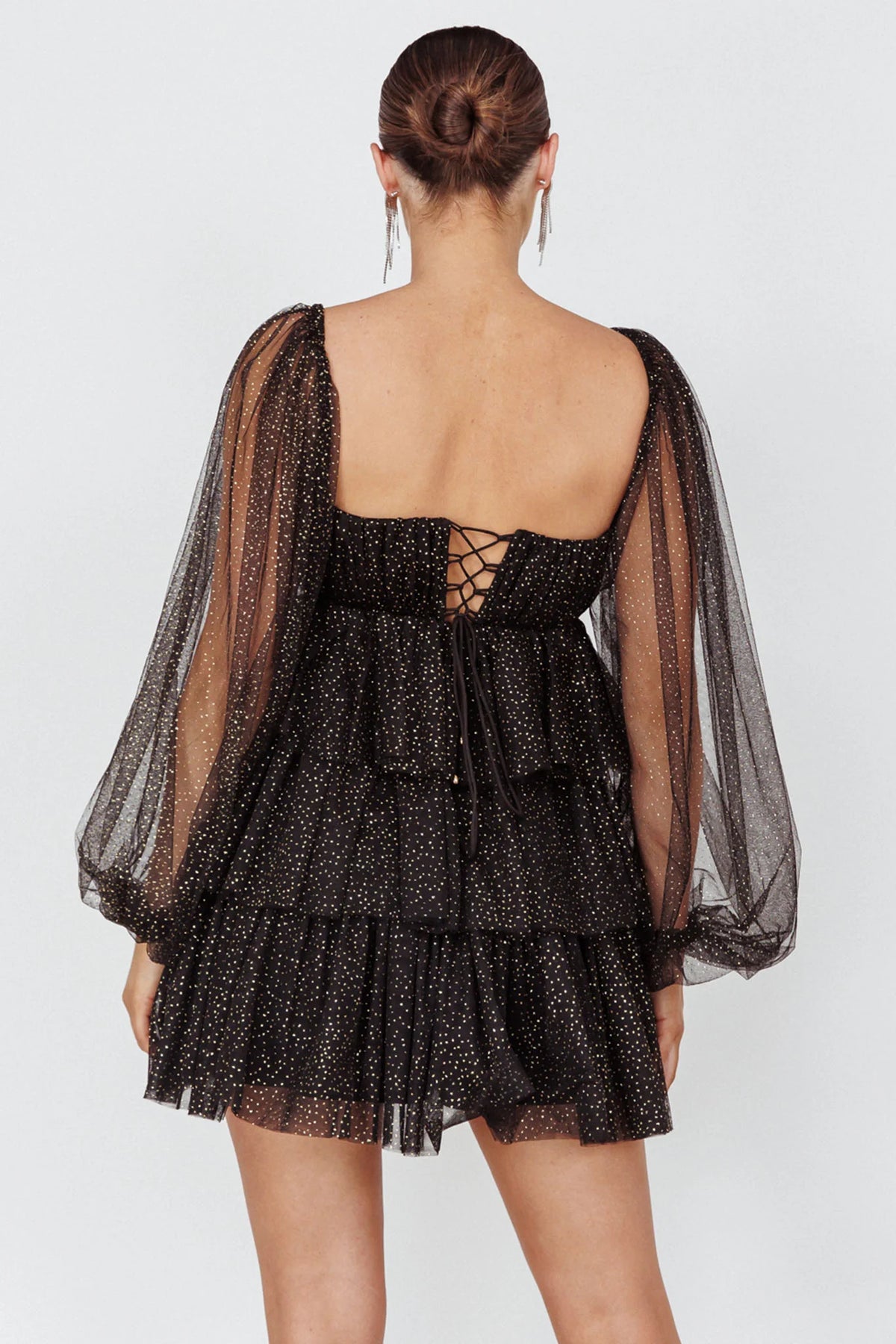 Spring Morning Long Sleeve Tiered Mini Dress Black/Gold