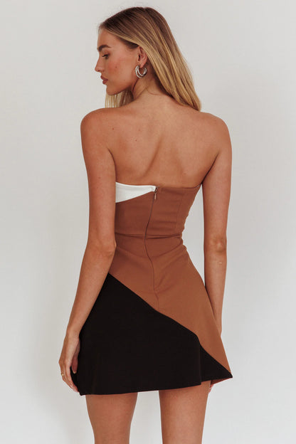 Kindle Strapless Contrast Panels Mini Dress Tan Multi