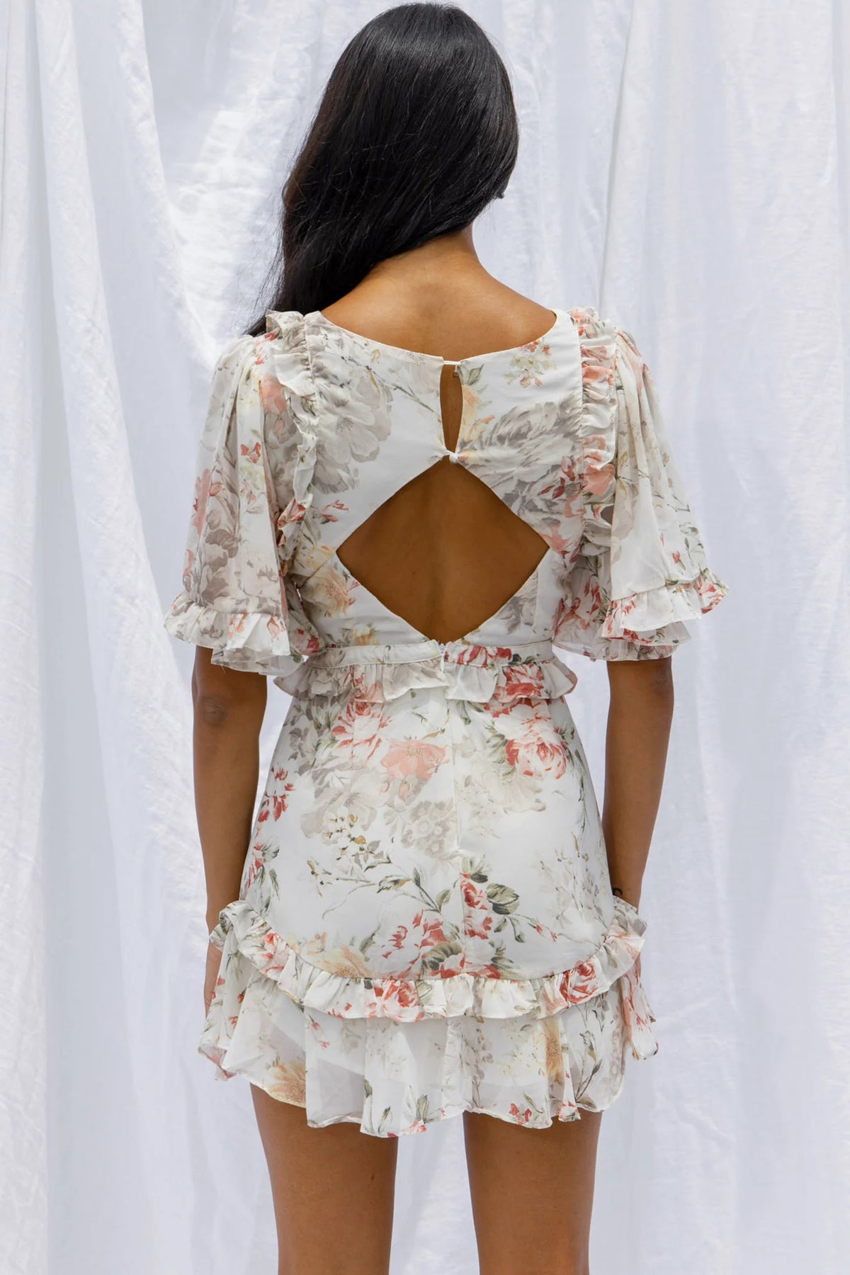 My Belle Cut-Out Detail Frill Accent Dress Vintage Floral Print White