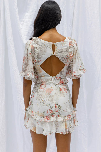 My Belle Cut-Out Detail Frill Accent Dress Vintage Floral Print White