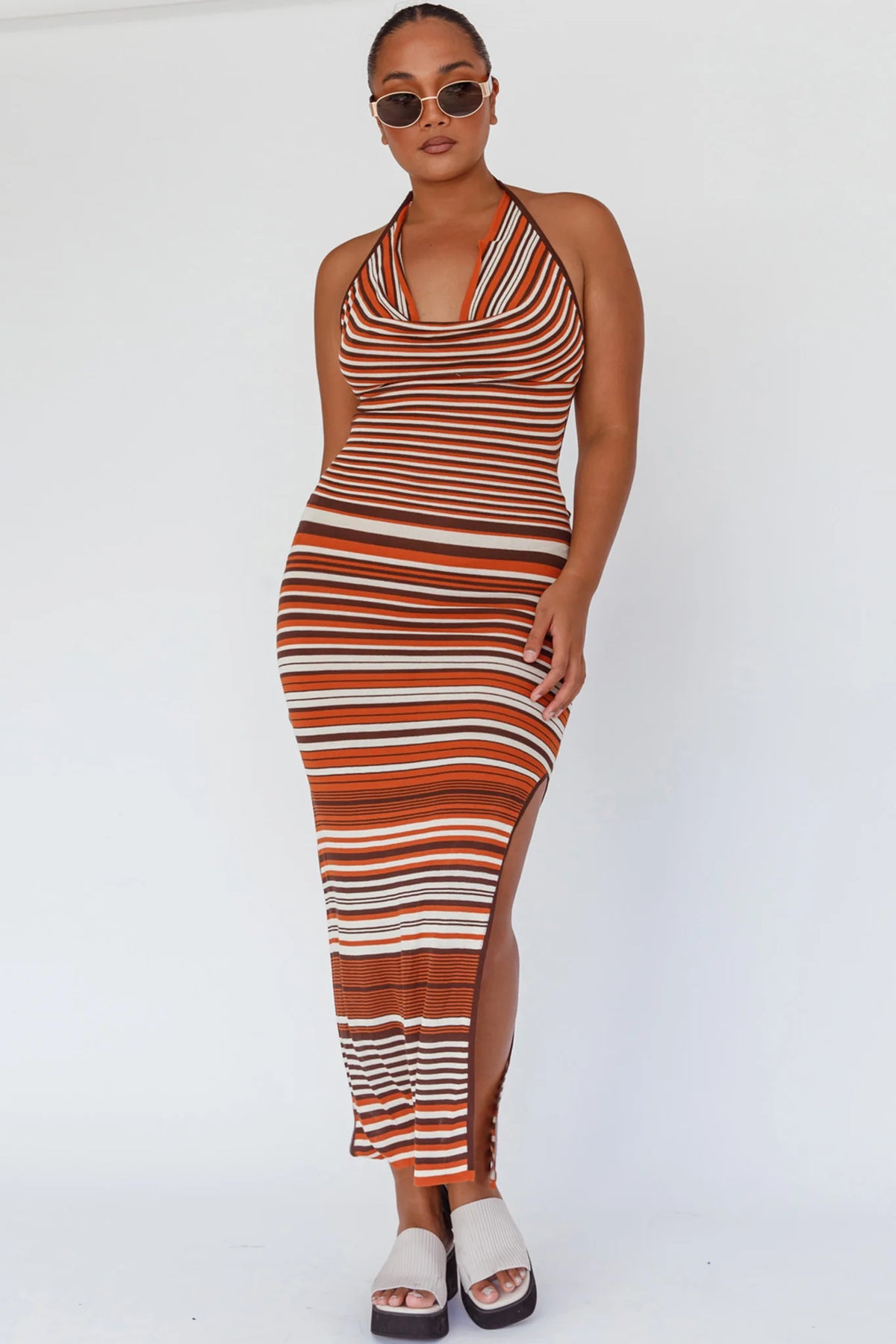 Azure Shores Knit Midi Dress Striped Tan