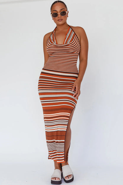 Azure Shores Knit Midi Dress Striped Tan