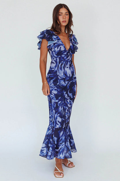 Lydiah Ruffle Sleeve Maxi Dress Floral Blue