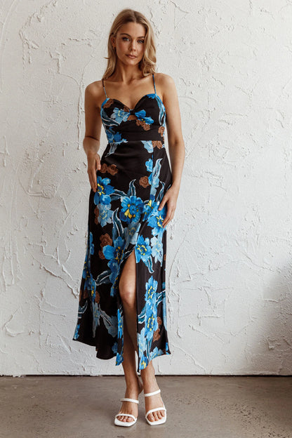 Missoula Cami Strap Padded Bust Midi Dress Flower Blue