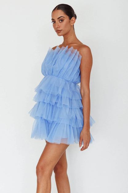 Bon Bon Tiered Mesh Mini Dress Steel Blue