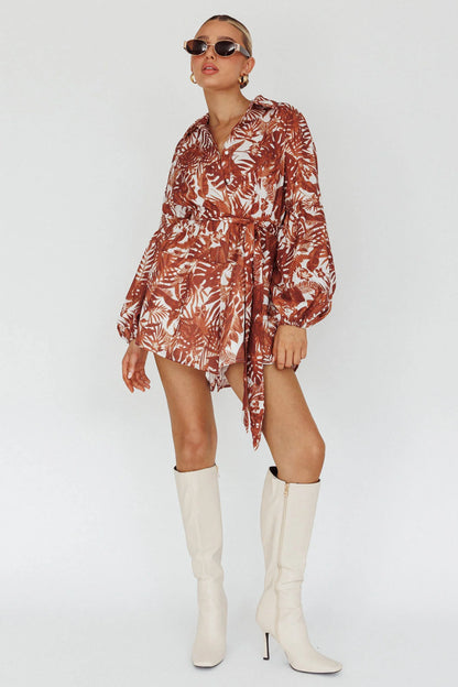 Daytona Beach Long Sleeve Shirt Romper Leaves Brown