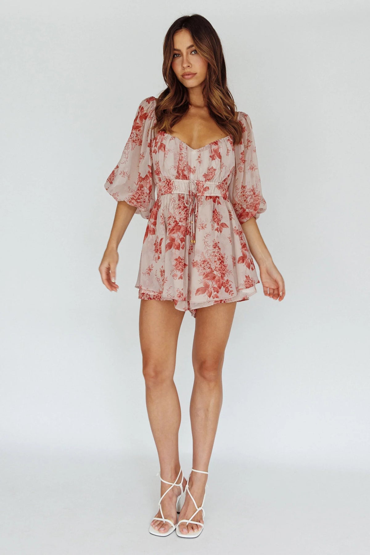 First Light Puff Sleeve Elasticated Waist Romper Floral Print Rose