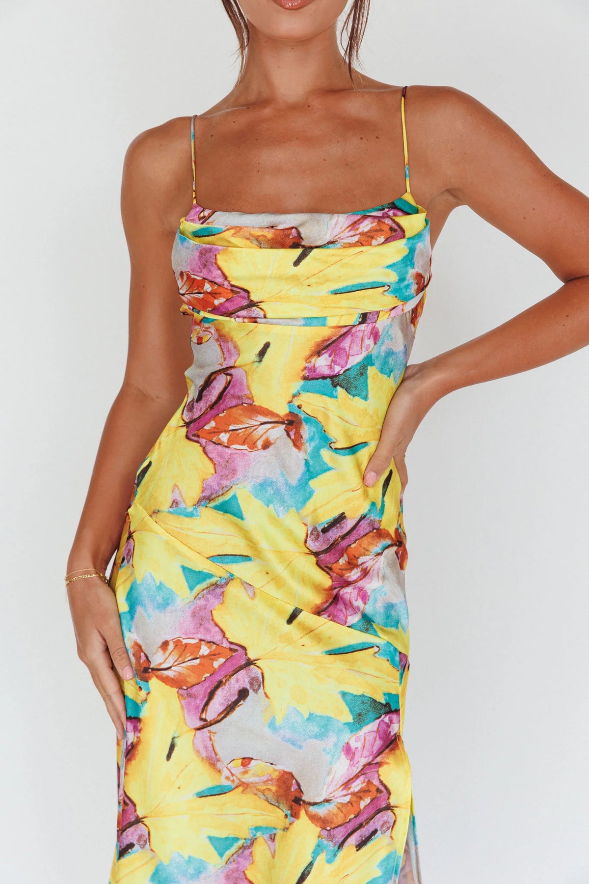 Well Versed Pleated Bust Front Split Dress Leaf Print Yellow