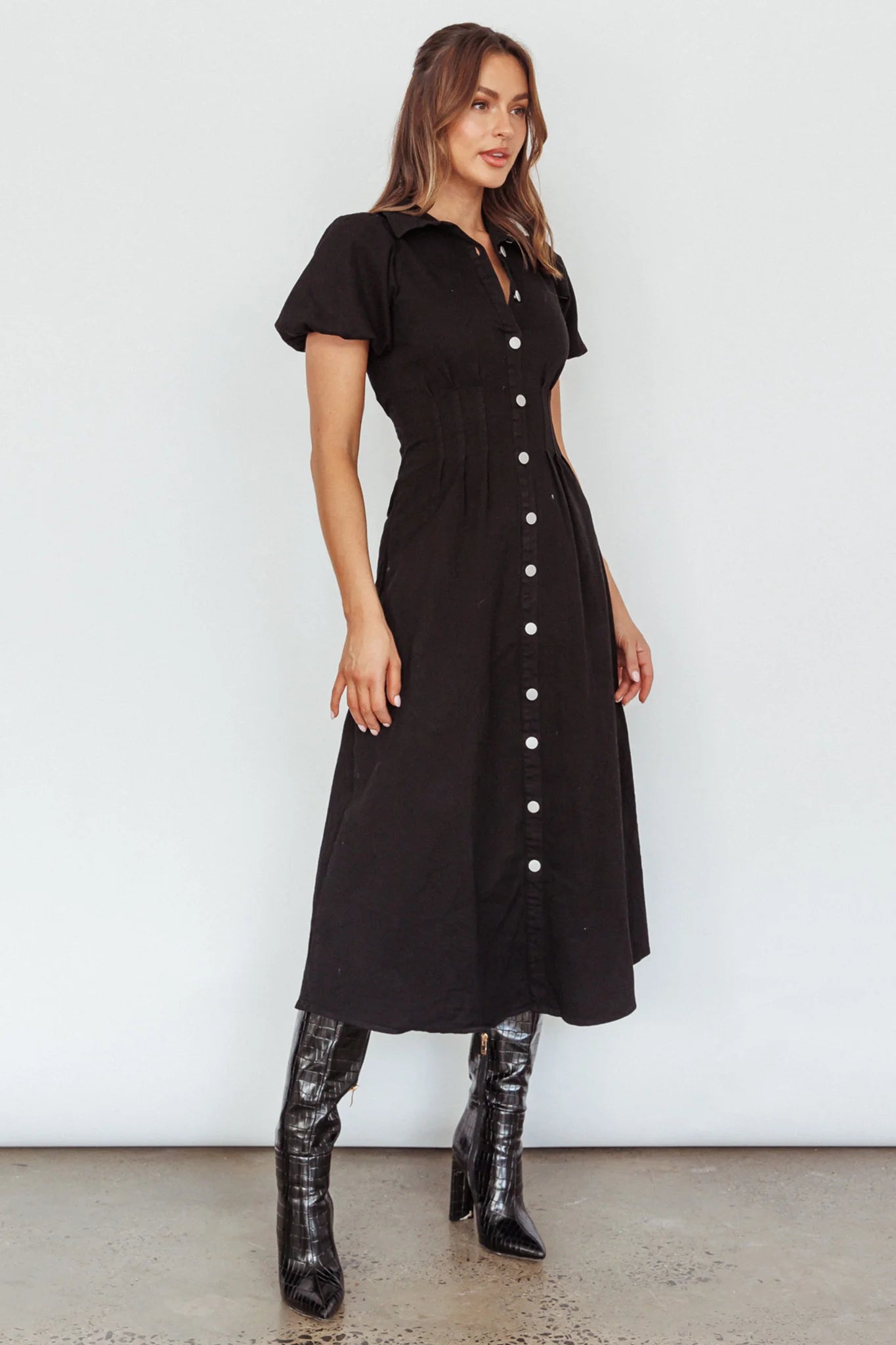 Zurich Pleated Waist Midi Dress Black