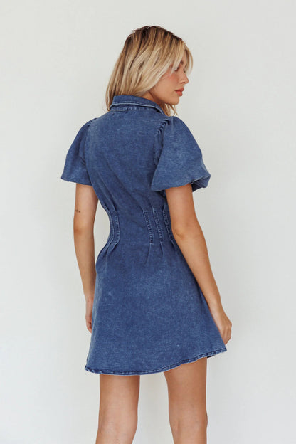 Zurich Pleated Waist Shirt Dress Dark Blue