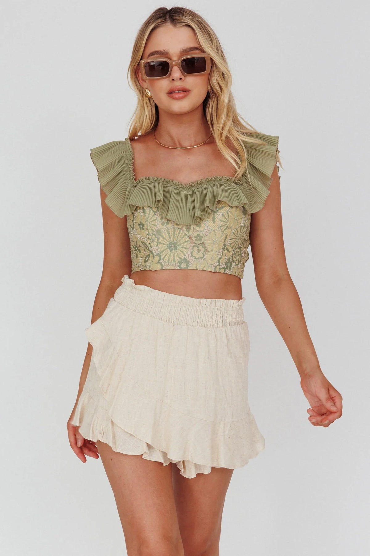 Dreamy On Or Off-Shoulder Frill Crop Top Beige/Olive
