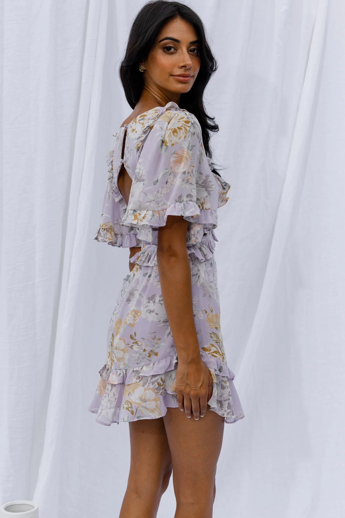 My Belle Cut-Out Detail Frill Accent Dress Vintage Floral Print Lilac