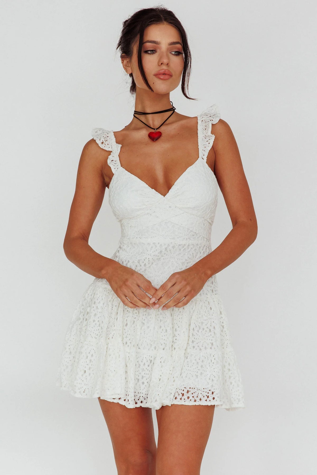 Short Notice Ruffle Strap Lace Mini Dress White
