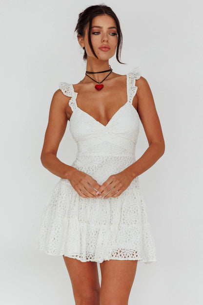 Short Notice Ruffle Strap Lace Mini Dress White