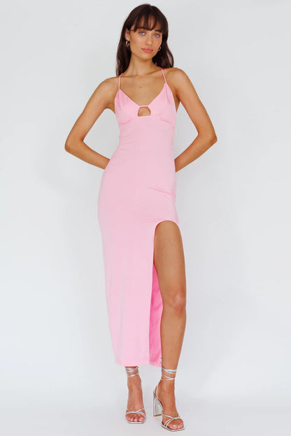 Summer Rose Front Split Midi Dress Pink