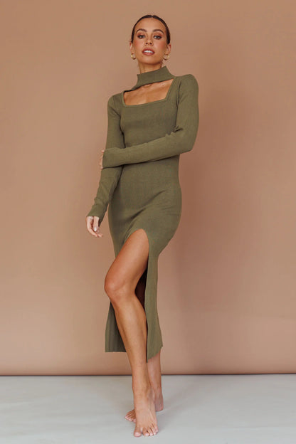 Get Acquainted Cut-Out Bust Midi Dress Olive