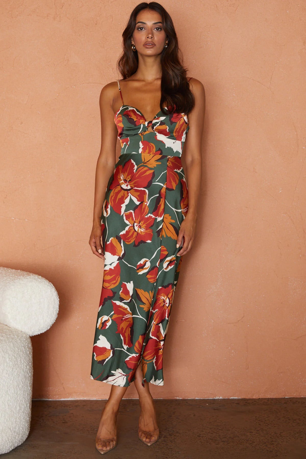 Missoula Cami Strap Padded Bust Midi Dress Floral Print Green