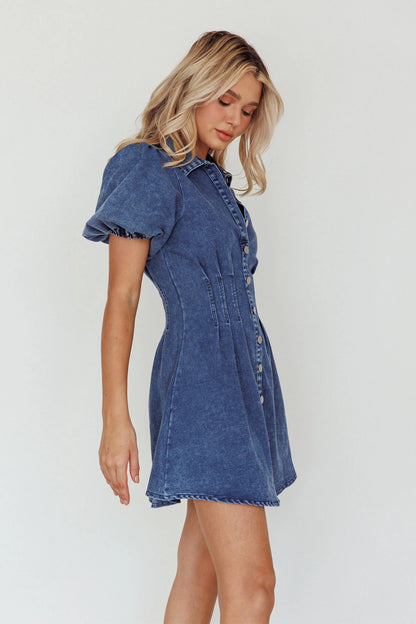 Zurich Pleated Waist Shirt Dress Dark Blue