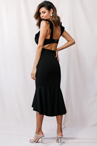 Jackie Wide Ruffle Hem Pinafore Midi Dress Black