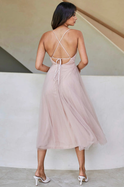 Floating By Plunging Neckline Mesh Overlay Midi Dress Apricot