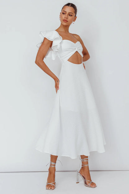Jolina Ruffle Shoulder Midi Dress White