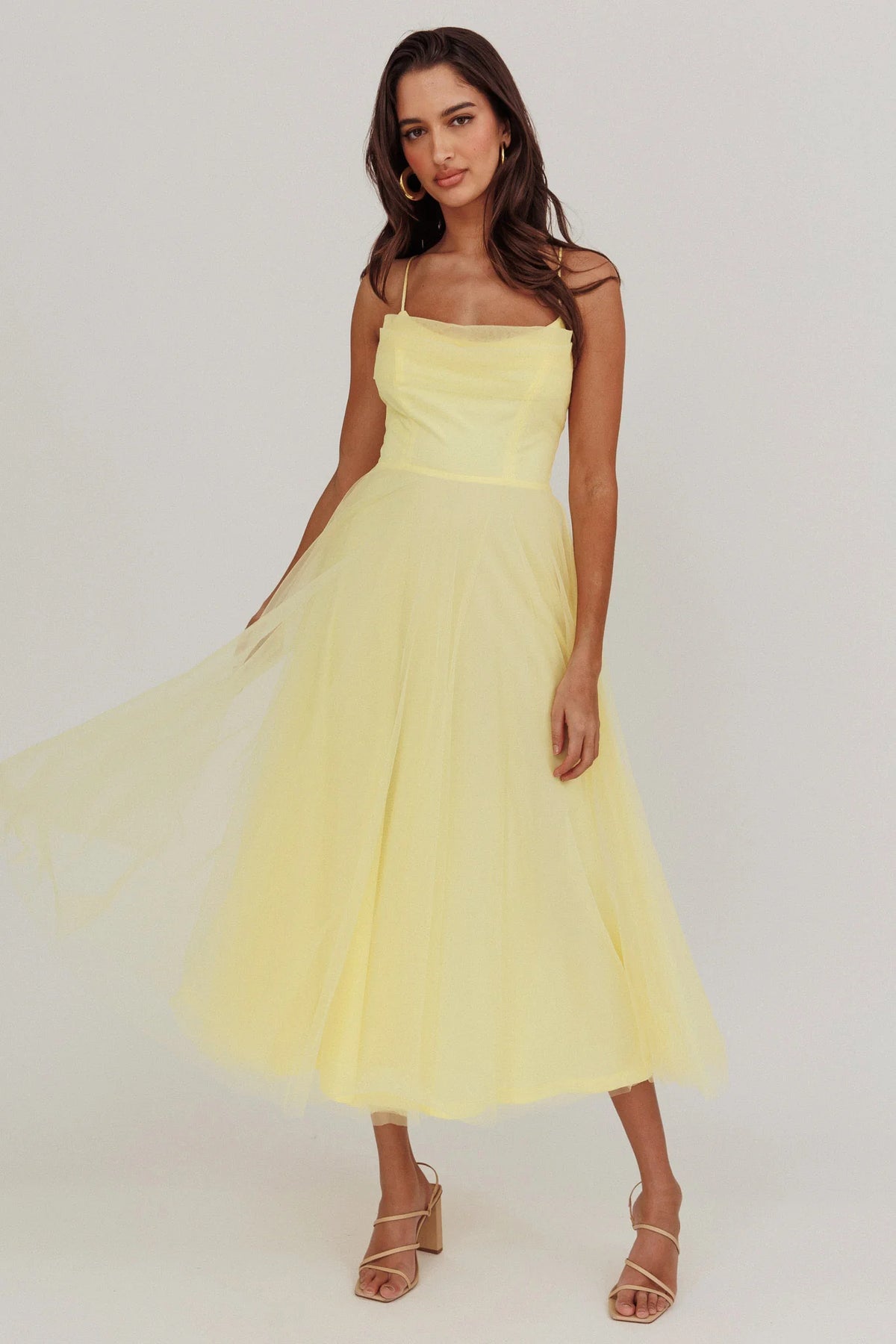 Floating By Pleated Neckline Mesh Midi Dress Yellow