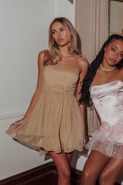 Guilty Pleasure Strapless Glitter Mini Dress Gold