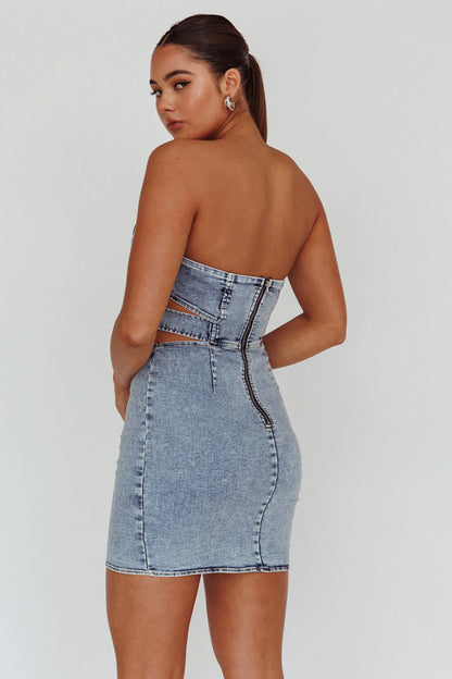 Jett Buckle Waist Mini Dress Denim Blue