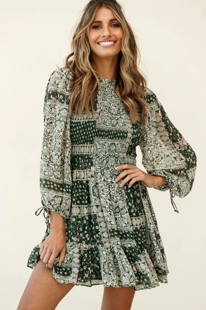 Marja Long Balloon Sleeve Shirred Dress Paisley Print Forest Green