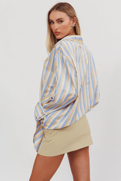 Like The Movies Striped Satin Shirt Light Blue