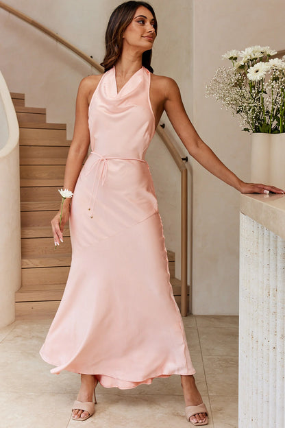India Cowl Halterneck Satin Maxi Dress Blush