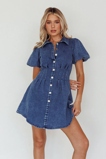 Zurich Pleated Waist Shirt Dress Dark Blue
