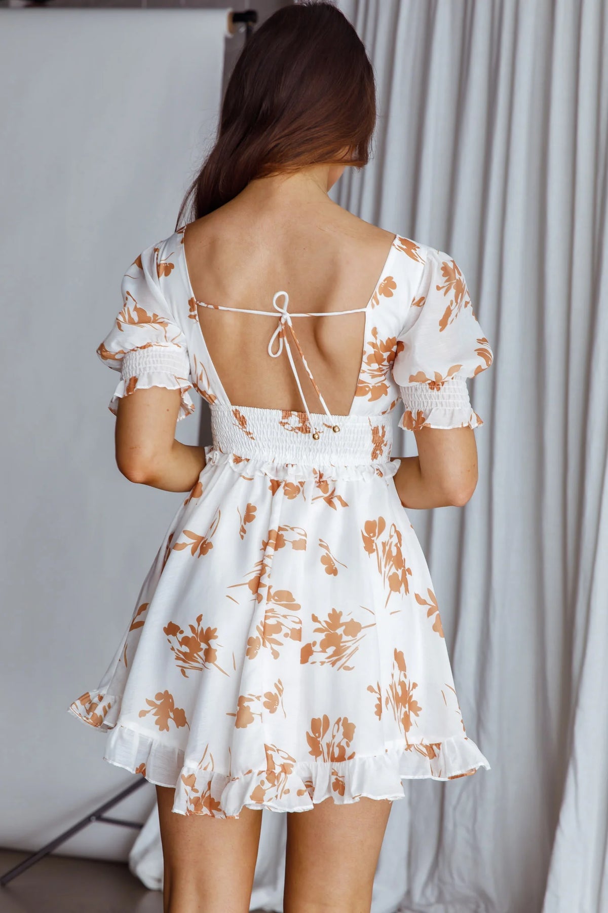 Summer In Paris Puff Sleeve Open Back Dress Floral Tan