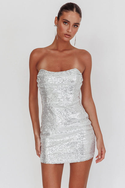 She Slays Strapless Sequin Dress Silver