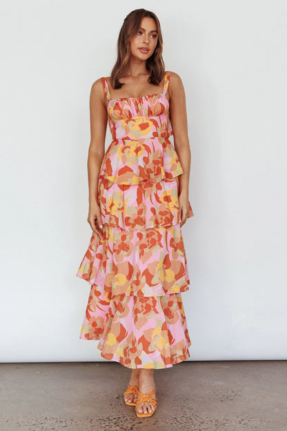 Provence Bloom Tiered Midi Dress Abstract Pink Multi