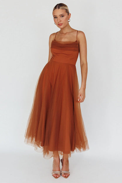 Floating By Pleated Neckline Mesh Midi Dress Brown