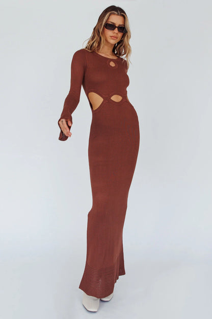 Long Sleeve Cut-Out Knit Maxi Dress Coffee